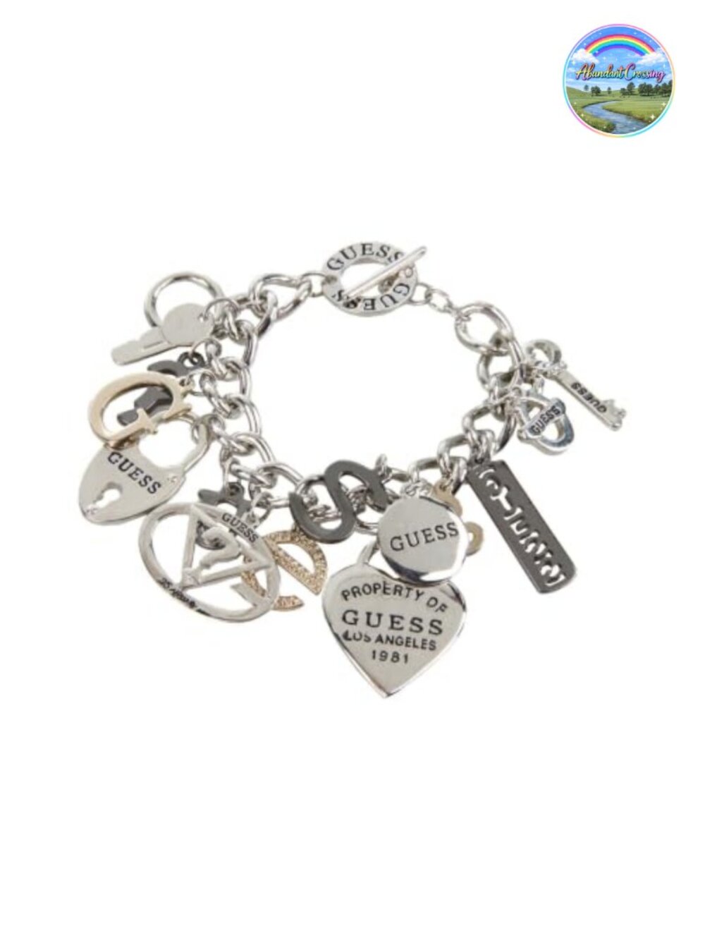 GUESS Logo Mixed Metal Link Charm Bracelet Toggle Clasp Silver Hematite